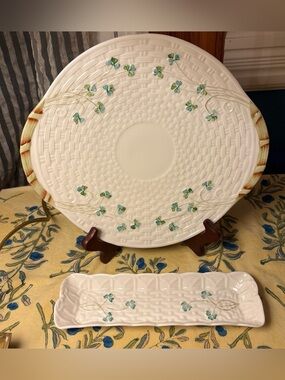Belleek Ireland Shamrock Set Bread Plate Handles, Relish Dish Basketweave Parian